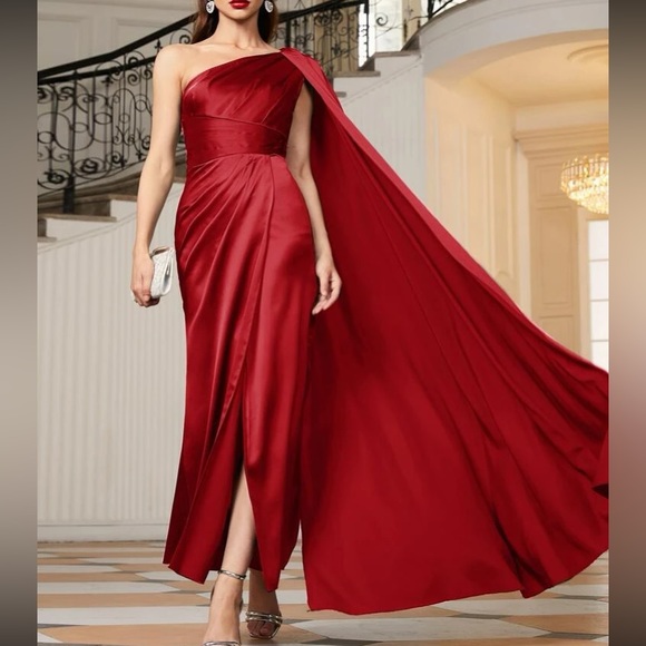 Luxe light gray one shoulder party formal evening wedding prom satin dress - Picture 5 of 16